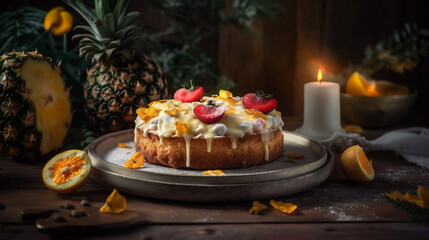 Closeup delicious pineapple pie cake, served on restaurant table