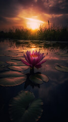 Canvas Print - Closeup pink lotus flower in a pond illuminated by the early morning sun