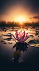 Canvas Print - Closeup pink lotus flower in a pond illuminated by the early morning sun