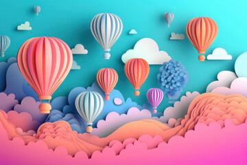 Paper balloons in the sky. Background in papercut style. AI generative.