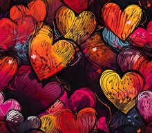 Red, Pink, Yellow, And Black Heart Patterns, In The Style Of Colorful Graffiti-style, Vray, Charming Sketches, Texture-rich, Elegant Inking Techniques