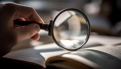 Hand holding magnifying glass examining book closely generated by AI