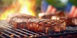 beef ribeye steak grilling on flaming grill during 4th of july created with generative AI