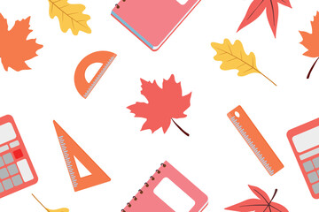 Seamless pattern of autumn leaves and school stationery. Vector illustration