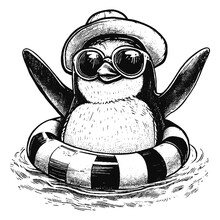 Cool Playful Penguin Wearing Hat And Sunglasses In A Swimming Ring, Summer Vacation Penguin Sketch