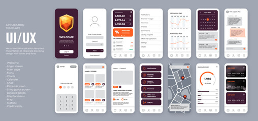 Premium UI UX design template for mobile application. Golden shield logo and minimal style design for branding mobile product.