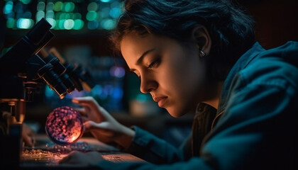 Poster - Young woman studying science, glowing with happiness generated by AI