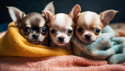 Canvas Print - cute small puppy sitting on comfortable bed generated by ai