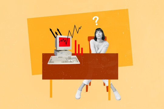 Photo collage of young thoughtful smart woman questioned look computer workplace chart graphics bitcoin price isolated on yellow background