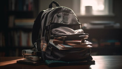 Poster - Backpacks and books stack high in library generated by AI