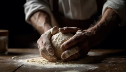 Handmade bread dough kneaded on wooden table generated by AI