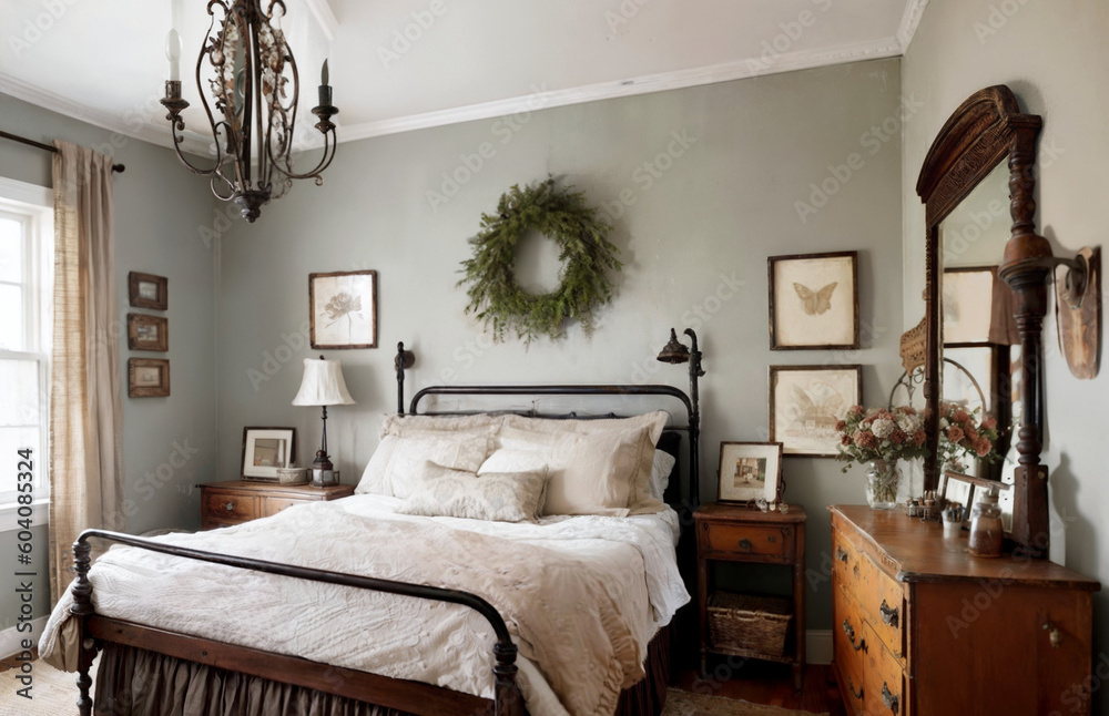 Interior design of a vintage-inspired bedroom with a warm color palette ...