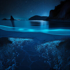 Wall Mural - Scenery of the seaside at night, blue light from seaweed organisms