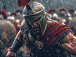 A Spartan warriorGladiator in a red cape and helmet fighting in the rain.