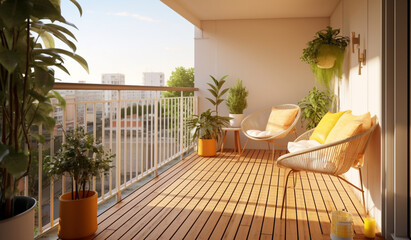 Modern seating area on the balcony is decorated with green plants. Cozy armchairs. generative ai