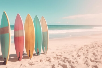  Patel surfboards on tropical beach. Retro colors toned image. Generative AI.