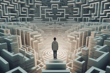 Wall Mural - Person find exit from labyrinth in digital world. Human silhouette lost in futuristic technology maze. Digital addiction. Created with Generative AI