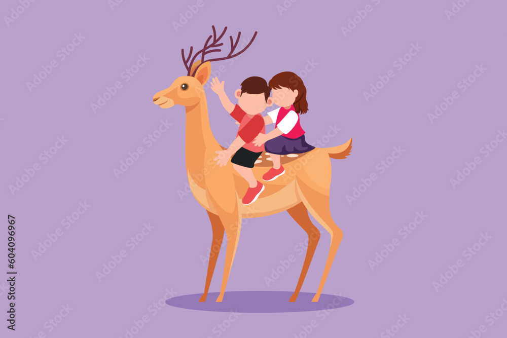 Kid Riding A Deer Character flat drawing of happy little boy and girl riding deer ...