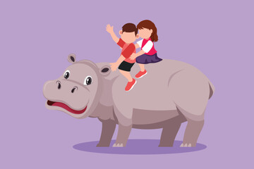 Wall Mural - Character flat drawing of happy little boy and girl riding hippo together. Adorable children sitting on back hippopotamus in zoo. Kids learning to ride hippopotamus. Cartoon design vector illustration