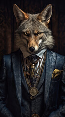 Wall Mural - Wolf dressed in an elegant suit with a nice tie. Fashion portrait of an anthropomorphic animal, jackal, coyote, shooted in a charismatic human attitude - Generative AI