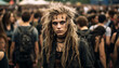 © annebel146 - Portrait of a rock or heavy metal fan on a festival Crowd going crazy at a rock or heavy metal concert. A lot of people at the mass event. Concert crowd, hardcore party