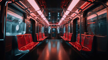 Brightly Light Empty Subway Car With Red Seats For Presentation, 