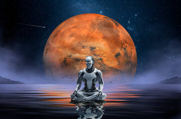 Wall Mural - robot meditating in front of the planet mars. ai generative