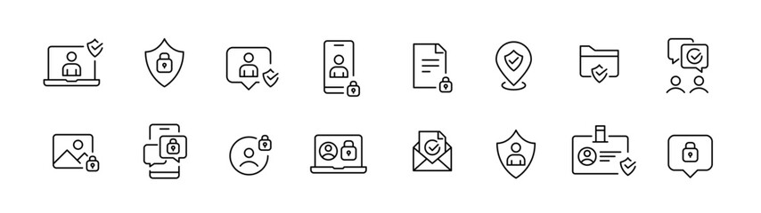 Secure internet presence icons. Safe interactions, protected profile and location. Pixel perfect, editable stroke line icons set