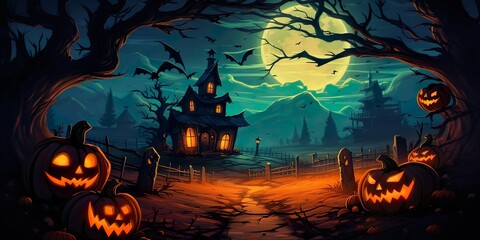 Halloween Fullmoon Banner, Pumpkins and Bats. Generative AI