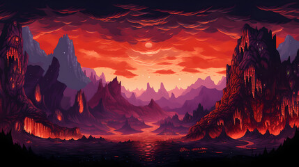 Sticker - RPG Gaming Battle Scene Volcano Dungeon in Pixel 8bits 16bits 32 bits Style