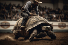 Cowboy Riding A Giant Tortoise At Rodeo