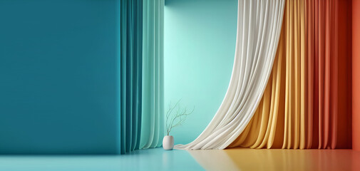 pastel turquoise blue green empty wall in room with coloured silk curtain drapes. mock up template f