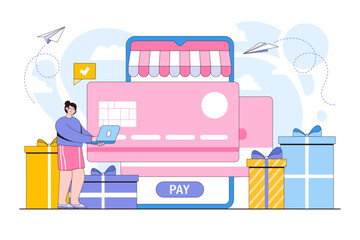Poster - Vector illustration of online shopping, credit card payment and gift card with people characters
