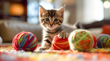 Cute Little Kitten Playing With Colorful Wool Balls. Concept Of Love For Animals And Pets. Generative Ai.