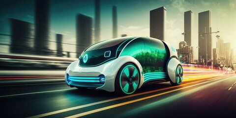 Poster - Futuristic electric car driving on urban highway road. distinct generative AI image.