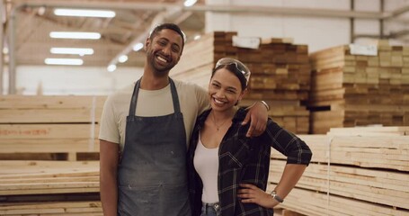 Canvas Print - Wood, carpenter and portrait of a team in a workshop with a smile for production and manufacturing. A man and happy woman together for teamwork, creativity and furniture design at a carpentry factory