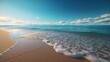 Calm blue sea against a blue sky with white cirrus clouds and an empty sandy beach. Generative AI