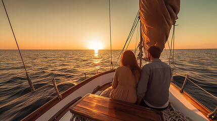 Wall Mural - Couple enjoying sunset from the deck of the sailing boat moving in a sea. Generative Ai