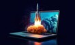 © Deivison - Rocket taking off from laptop screen, business and startup concept, blue background. Generative AI