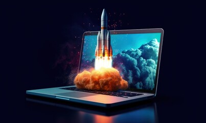 Rocket taking off from laptop screen, business and startup concept, blue background. Generative AI