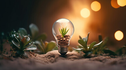 Wall Mural - light bulb in the ground on a green background. Green Energy and a Bright Future. Generative Ai