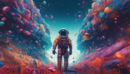Wall Mural - astronaut on rock surface with space background ,astronaut walk on the moon wear cosmosuit. future c