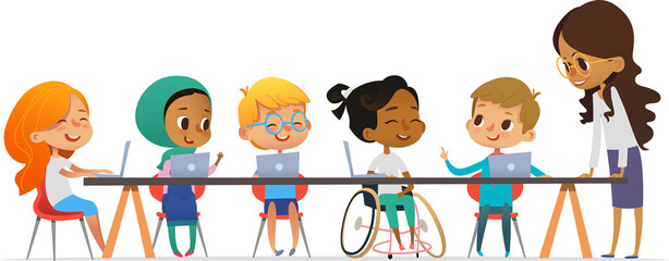 Multicultural kids and friendly female teacher talking and learning coding during computer science lesson. The concept of inclusive education in school. Vector illustration for the site, advertising.