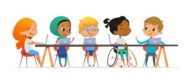 Multicultural children sitting at laptops and learning coding during informatics lesson. School inclusive education concept. Vector illustration for website, advertisement.