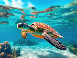 Fototapeta Do akwarium - Sea turtle swimming around colorful coral reef formations in the sea. Generative AI