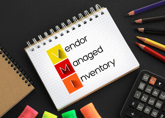 Poster - vmi - vendor managed inventory acronym on notepad, business concept background