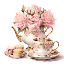 Vintage Tea Time Party Watercolor Clipart, Afternoon Tea, Tea Party, Tea Pot, Made With Generative AI