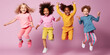 A group of cute kids jumping together, pop color banner, school design theme - Generative AI
