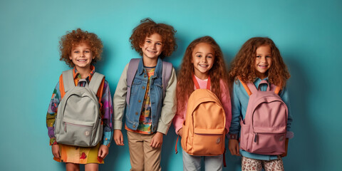 A group of cute kids proudly holding school bags, pop color banner, school design theme - Generative AI