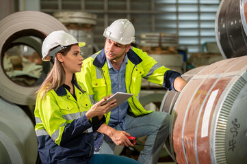 technician Factory mentor teaching apprenticeship  trainee operating machine looking monitors and check Production process machinery. Two engineer technician foreman worker explaining control machine